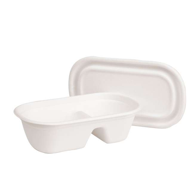 Food Container Paper Takeaway to Go Packaging Natural Pulp Sugarcane Compostable Clamshell 2 Compartment Bagasse Box 450ml/600ml