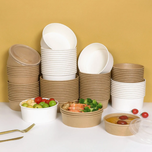 Eco-Friendly Disposable Kraft Paper Bowl with Lids Customzied Logo Printing Food Container